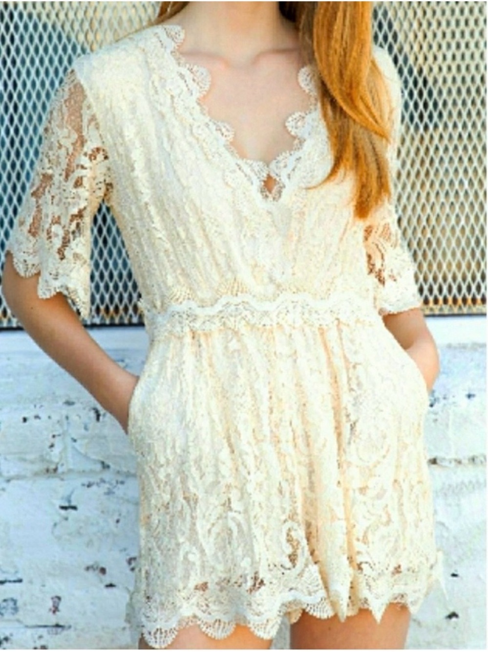 Last One! POL Lace Romper Gorgeous! Deep V Neck Bell Sleeves